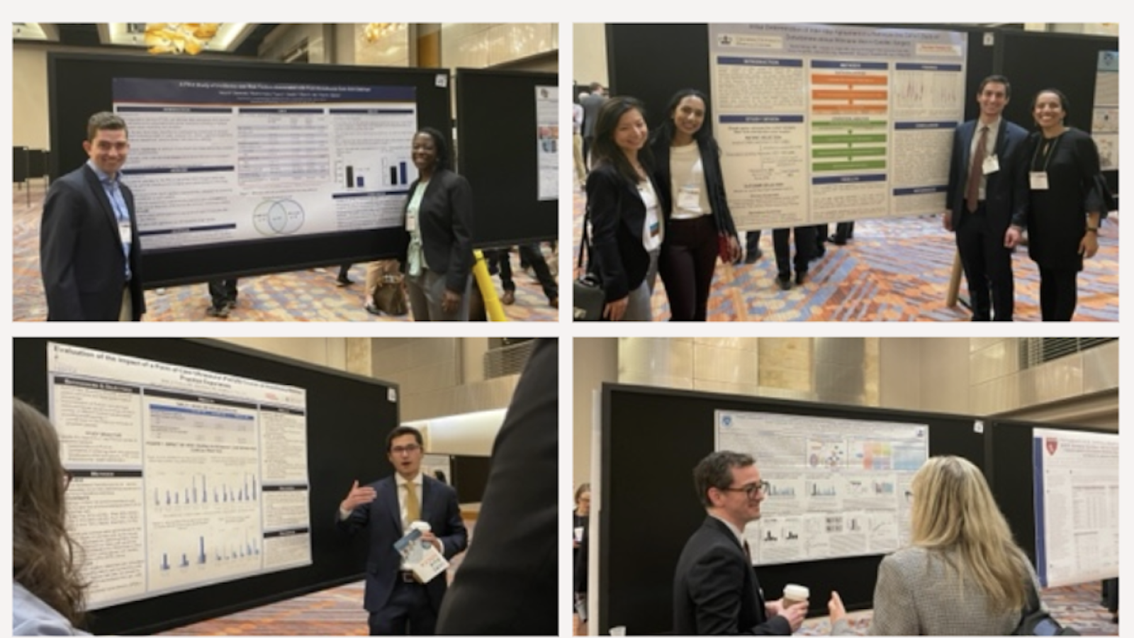 Group of 4 photos of people at scientific meeting, all in front of posters